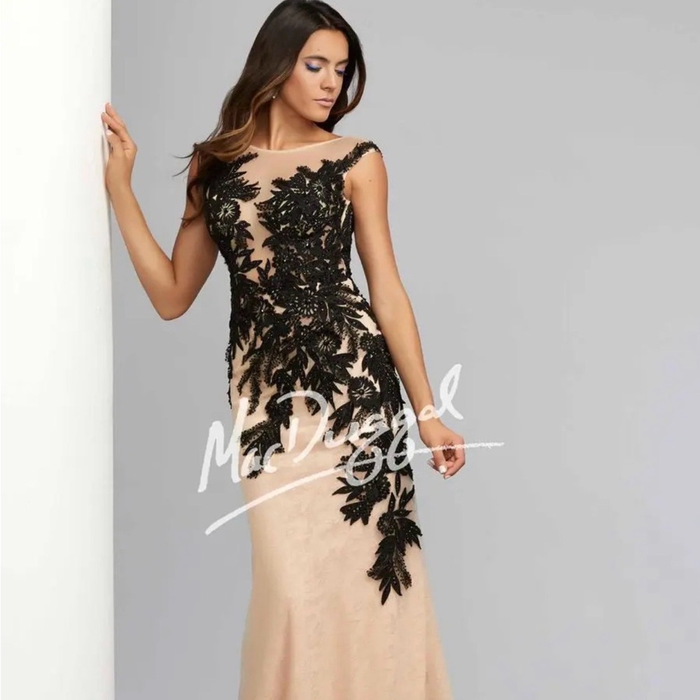 Mac Duggal Black and Nude/Beige Floral Prom Dress